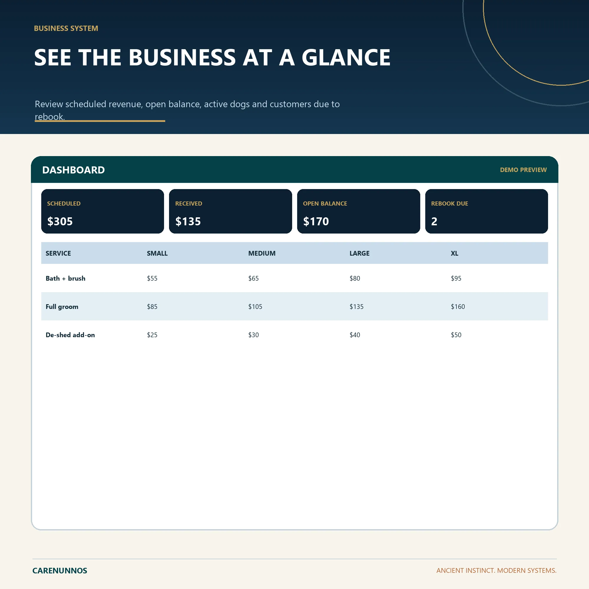 Dashboard preview with fictional example metrics for the Mobile Dog Grooming Business Tracker.